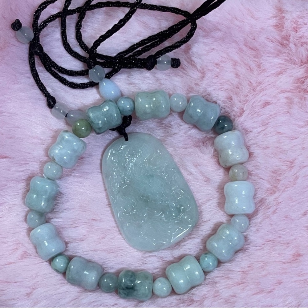 Certified Dragon Burma Jade Necklace and Bracelet Set